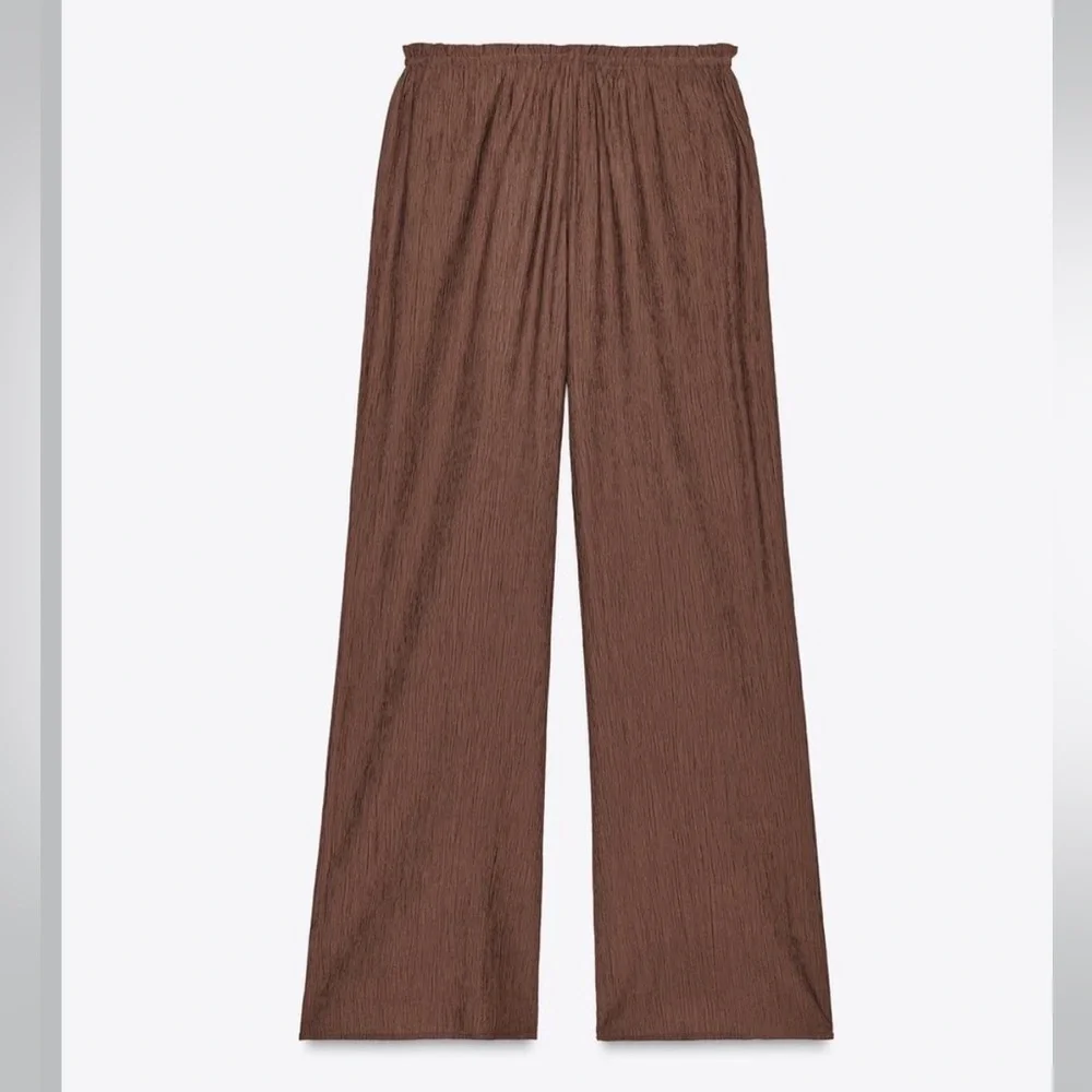 Zara NWT textured weave tan brown wide leg pants